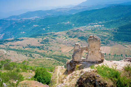 Castle of Rocca Calascio and Santa Maria della Pieta church, Aquila, Abruzzo, Italy. Part of Gran Sasso National Park, location for several film scenes, one of 15 most beautiful castle in the worldの写真素材