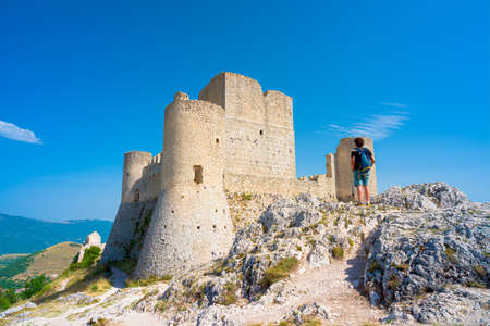 Castle of Rocca Calascio and Santa Maria della Pieta church, Aquila, Abruzzo, Italy. Part of Gran Sasso National Park, location for several film scenes, one of 15 most beautiful castle in the worldの写真素材