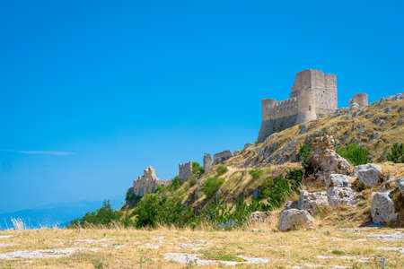 Castle of Rocca Calascio and Santa Maria della Pieta church, Aquila, Abruzzo, Italy. Part of Gran Sasso National Park, location for several film scenes, one of 15 most beautiful castle in the worldの写真素材