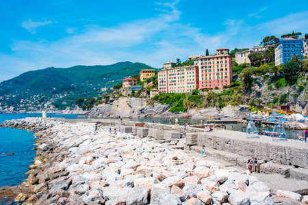 Camogli, IT - MAY 2023: Colorful fishing village, located on the west side of the peninsula of Portofino, on the Golfo Paradiso in the Riviera di Levante, Liguria, Italyのeditorial素材