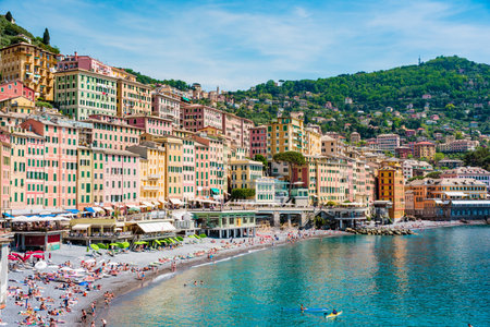 Camogli, IT - MAY 2023: Colorful fishing village, located on the west side of the peninsula of Portofino, on the Golfo Paradiso in the Riviera di Levante, Liguria, Italyのeditorial素材