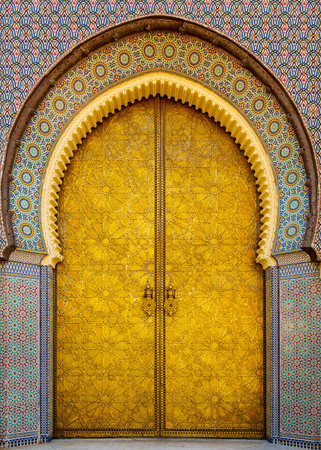 Fes, Morocco Golden door of the Royal Palace in Fez, the imperial city of Morocco. It is considered the spiritual and cultural capital of Morocco.の写真素材