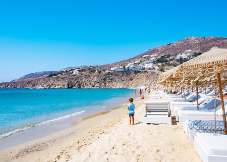 Mykonos, Greece - Paralia Kalo Livadi, a family beach with crystal and shallow water, peaceful and quiet.のeditorial素材