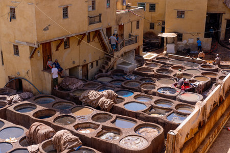Fez, Morocco - 26 Aug 2023: Chouara Tannery, the largest tannery in the city and one of the oldest. Fes is considered the spiritual and cultural capital of Moroccoのeditorial素材