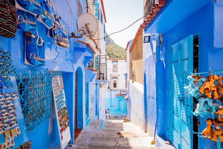 Chefchaouen, Morocco - 2023.08.23: Medina alleys and stairs of Chefchaouen, the famous Blue Pearl of Morocco or Blue City. Chaouen is noted for its buildings in shades of blue, UNESCO heritageのeditorial素材