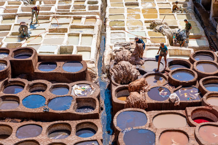 Fez, Morocco - 26 Aug 2023: Chouara Tannery, the largest tannery in the city and one of the oldest. Fes is considered the spiritual and cultural capital of Moroccoのeditorial素材