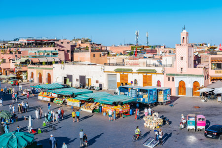 Marrakech - Morocco, 30.08.2023: Jamaa el Fna Souk square offers incredible shopping experience. Imperial old fortified city packed with vendors and their stalls. This medina is UNESCO WHSのeditorial素材