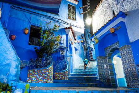 Night in Medina alleys and stairs of Chefchaouen, the famous Blue Pearl of Morocco or Blue City. Chaouen is noted for its buildings in shades of blue, UNESCO heritageの写真素材