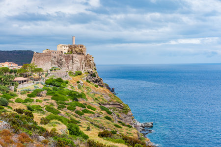 Forte San Giorgio, a historic fortress, stands majestically on a cliff overlooking the vast Tyrrhenian Sea, creating a picturesque view of Capraia Islands rugged coastline and rich historyの写真素材