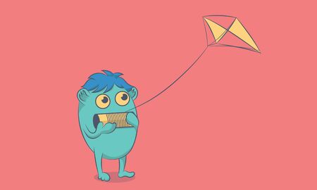 Hairy cute monster playing a kiteのイラスト素材