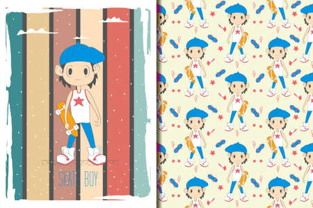 a skateboard boy hand drawn card and seamless pattern. kids illustration Premium Vectorのイラスト素材