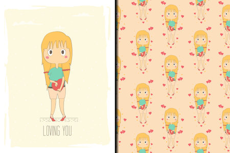 cute girl and a pillow hand drawn card and seamless pattern. kids illustration Premium Vectorのイラスト素材