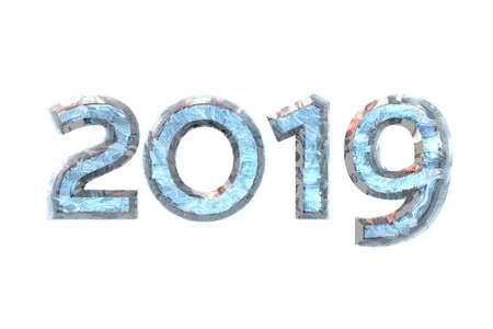 New Year 2019. Numeral blue ice on white isolated background for calendar design. 3D rendering.の写真素材
