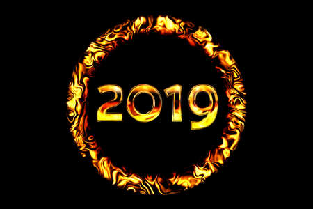 Golden digits 2019 fire ring on a black isolated background. Digits with a shiny surface reflect the...