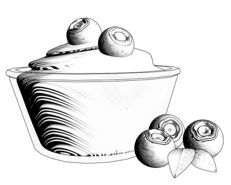 Yogurt or ice cream with blueberry. Fruit dessert on white background. Healthy dieting concept. Drawing style. 3D rendering.の写真素材