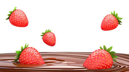 Red strawberries with green leaves drops into melting chocolate. Design for packaging. 3D renderの写真素材