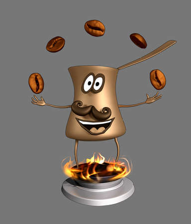 Cartoon Turkish coffee pot juggles coffee beans on a gas stove fire. 3D renderingの写真素材