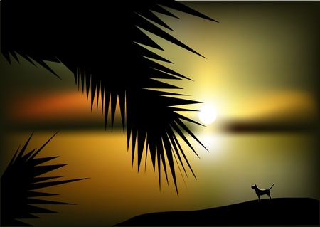 sunset at sea with a dog on the beachのイラスト素材