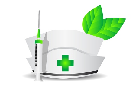 environmental medicine  medical cap, syringe, leaves isolated on whiteのイラスト素材