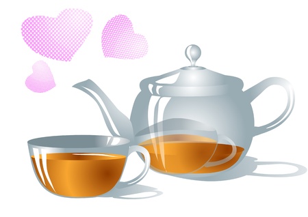 cup of tea, teapot, hearts isolated on whiteのイラスト素材