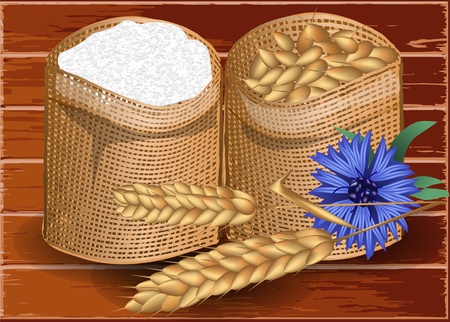 Wheat and flour on wooden table のイラスト素材
