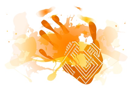 technological red splatter handprint isolated on whiteのイラスト素材