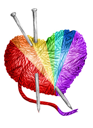 knit  clew in the form of heart and knitting needlesの写真素材