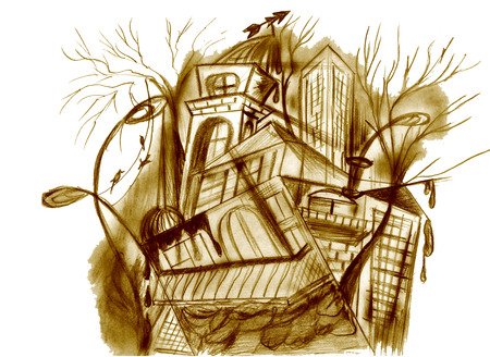 abstract building  pencil drawing isolated on a whiteの写真素材
