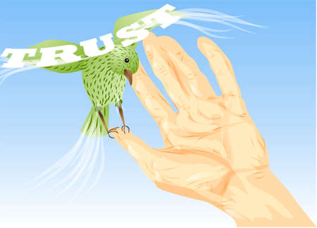 trust concept  bird on the hand against a blue skyのイラスト素材