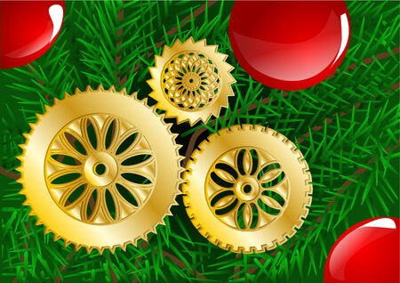 christmas tree  close up with balls and gearsのイラスト素材