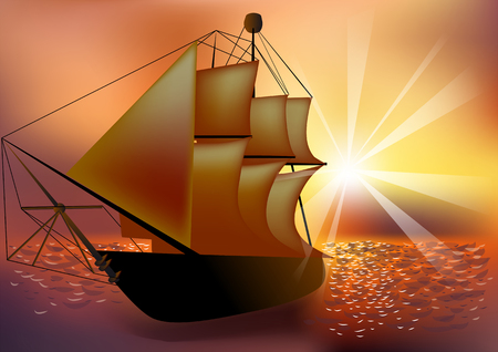 Sailing ship at multicolored skyのイラスト素材