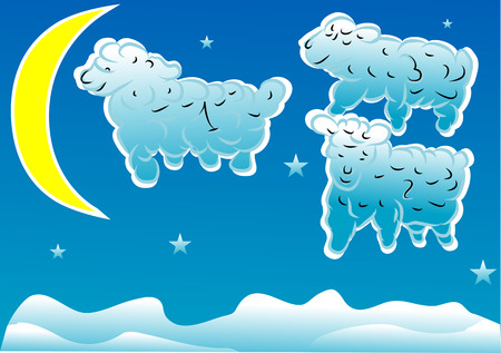sheeps in the night sky with stars and moonのイラスト素材
