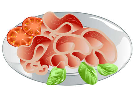 sliced ham on plate with tomato on white backgroundのイラスト素材