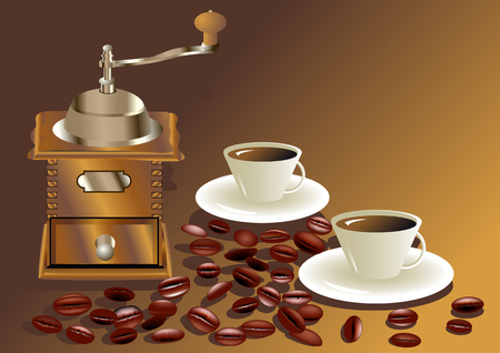 morning coffee  retro coffee grinder and coffee on dark backgroundのイラスト素材