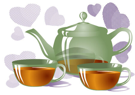 tea for two. teapot and cups on background with heartsのイラスト素材