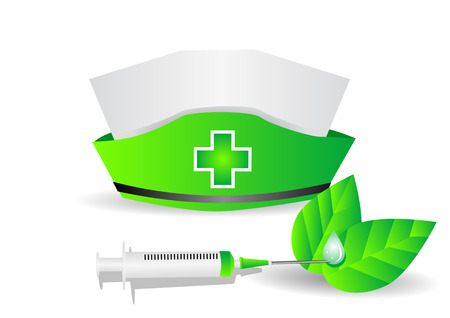 environmental therapy. medical cap, syringe, leaves isolated on whiteのイラスト素材
