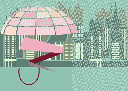 rain storm street and pink umbrella in flat colorのイラスト素材