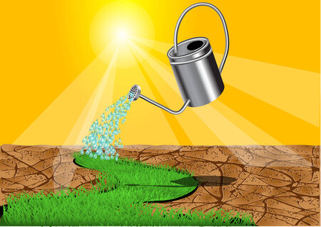 new grass. watering can with water drops and grassのイラスト素材