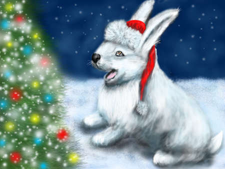 christmas and rabbit with decoration new year treeの写真素材
