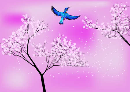 japan. blossom tree and blue bird on pink backgroundのイラスト素材