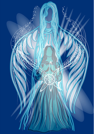 channelling. two silhouette in energy light on blue backgroundのイラスト素材