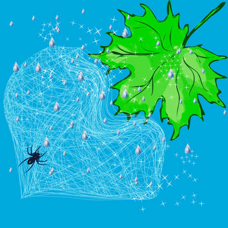 spider, leaf and web as heart against a blue skyのイラスト素材