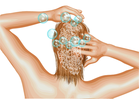 hairstyle shampoo. woman wasing hair with shampooのイラスト素材