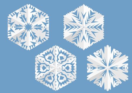 paper snowflake. set of four white snowflake on blue backgroundのイラスト素材