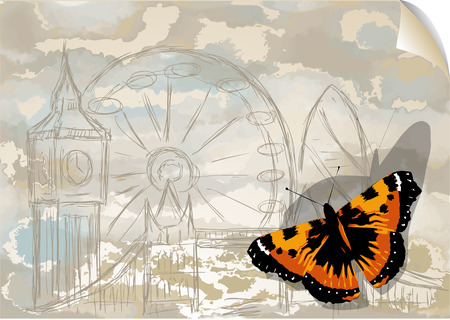 city and butterfly. insect on abstract grunge backgroundのイラスト素材