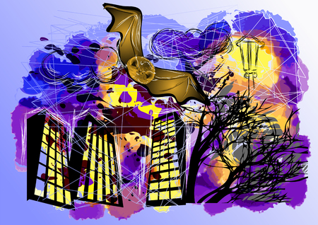 bats and town. halloween abstract grunge backgroundのイラスト素材