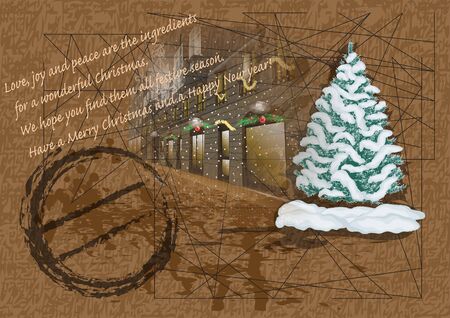 christmas card with christmas tree and night cityのイラスト素材