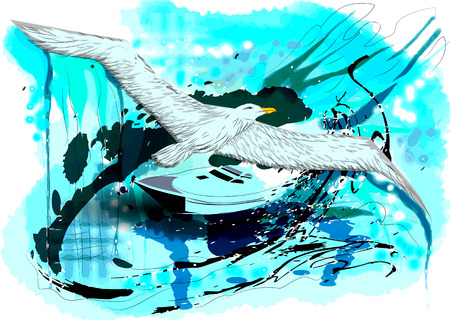 summer vacantion. bird and boat on the seaのイラスト素材