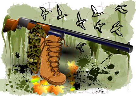 abstract hunting. hunter boot and shotgun on abstract backgroungのイラスト素材