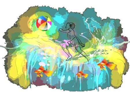 boy with beach ball on abstract multicolor backgroundのイラスト素材
